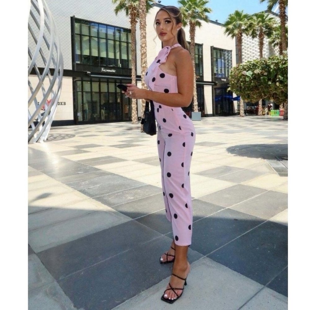 Pink Polka Dot Sleeveless High Neck Wide Leg Culotte Jumpsuit - Picture 12 of 13